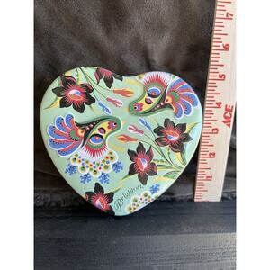 Brighton Jewelry Embossed Heart Box Tin Floral Peacock Green Yellow Hippy Boho